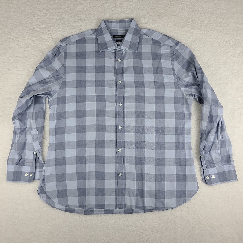 John Varvatos Shirt Mens 16.5 32/33 Blue Plaid Slim Fit Dress Button Up